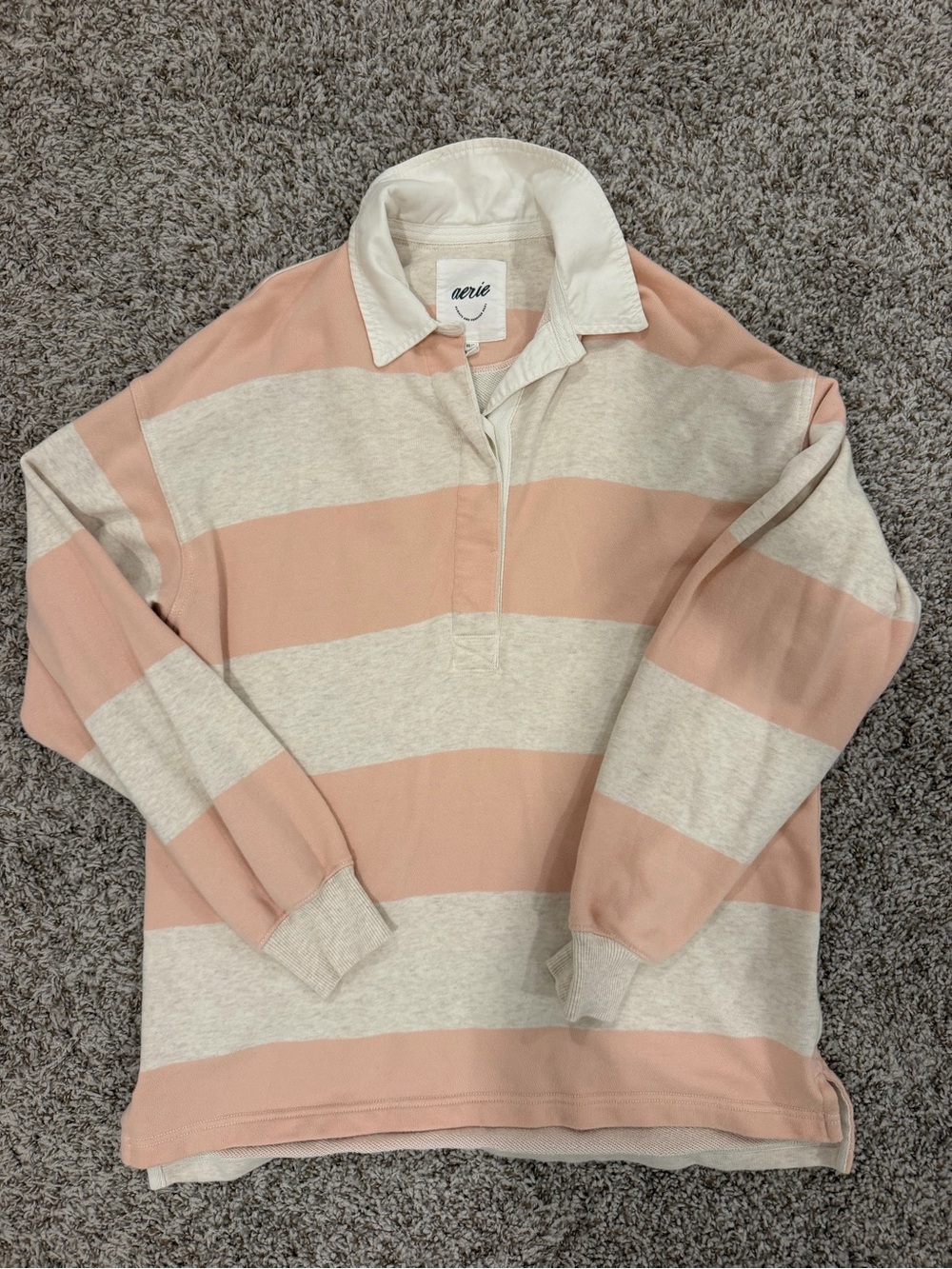 aerie Women’s Striped Rugby Pullover - Pink & Cream
